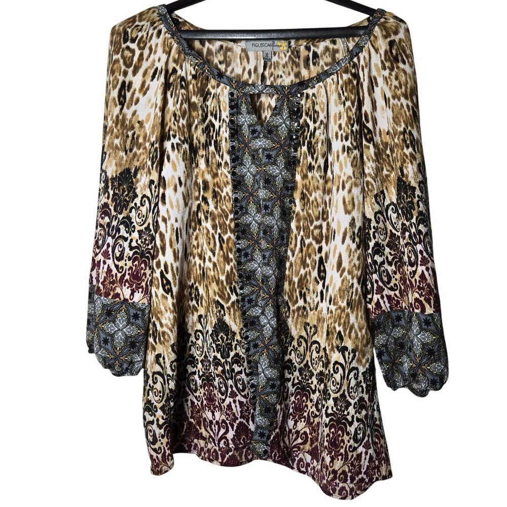 Figueroa & Flowe Animal Print‎ Paisley Studded Top XL Boho Peasant Casual Flowy